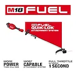 The image showcases the M18 FUEL™ String Trimmer w/ QUIK-LOK™ Kit. It features the tool with a red and black handle, a long shaft, and a trimming head at the end. The text highlights "MORE POWER THAN 31cc GAS," "MOST CAPABLE ATTACHMENT SYSTEM," and "FULL THROTTLE IN UNDER 1 SECOND." The M18 FUEL™ logo is displayed prominently at the top.