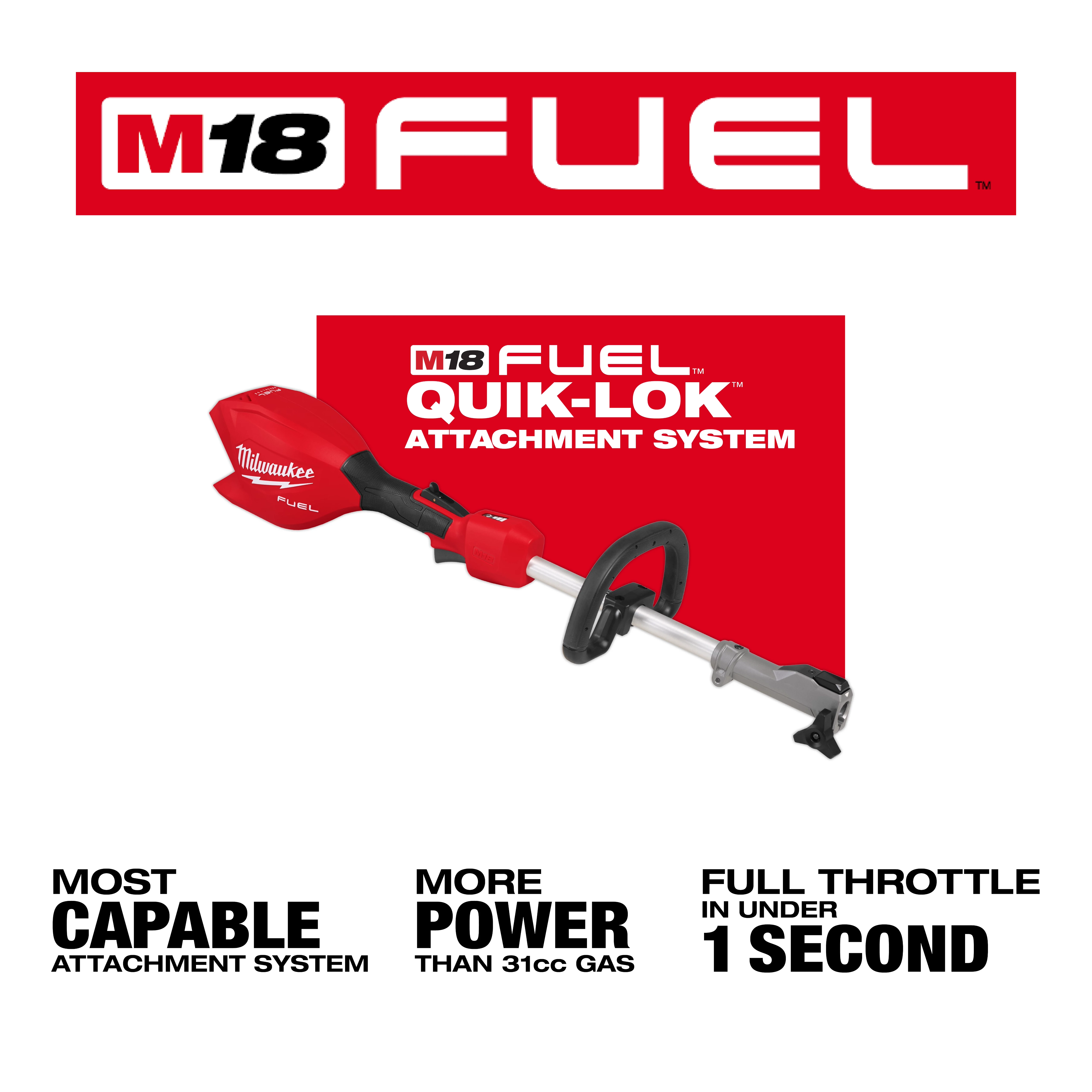 Image of the M18 FUEL™ Power Head w/ QUIK-LOK™ Attachment System. The tool is shown with a red and black handle and an attachment point. Text highlights include "Most Capable Attachment System," "More Power Than 31cc Gas," and "Full Throttle in Under 1 Second." The M18 FUEL™ logo is prominently displayed at the top.