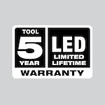 5 year tool warranty, LED limited lifetime warranty logo