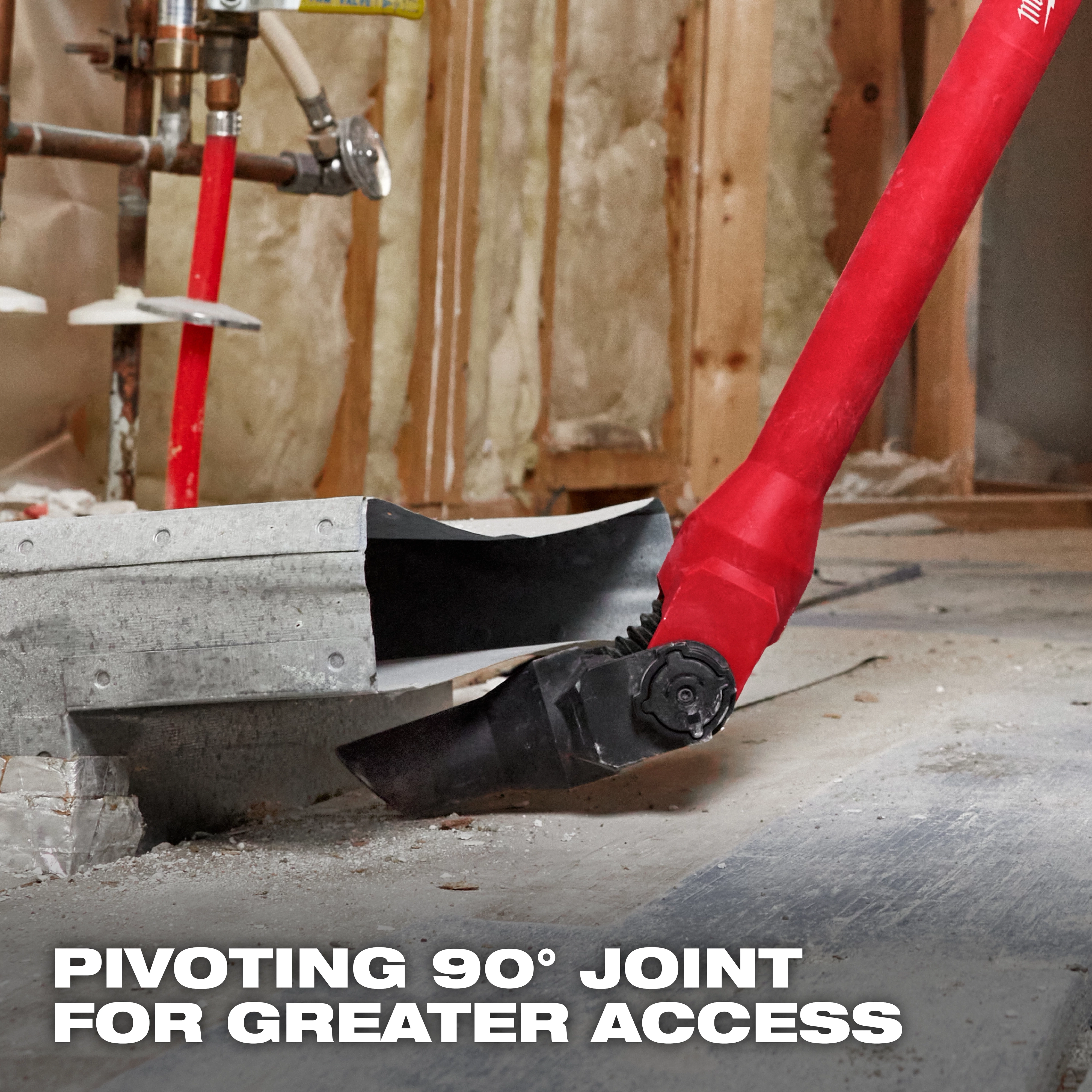 The image shows an AIR-TIP™ Pivoting Extension Wand with a 90-degree joint being used in a construction setting for greater access. The tool is displayed under a metal duct, illustrating its ability to pivot into tight spaces. Text on the image reads "Pivoting 90° joint for greater access."