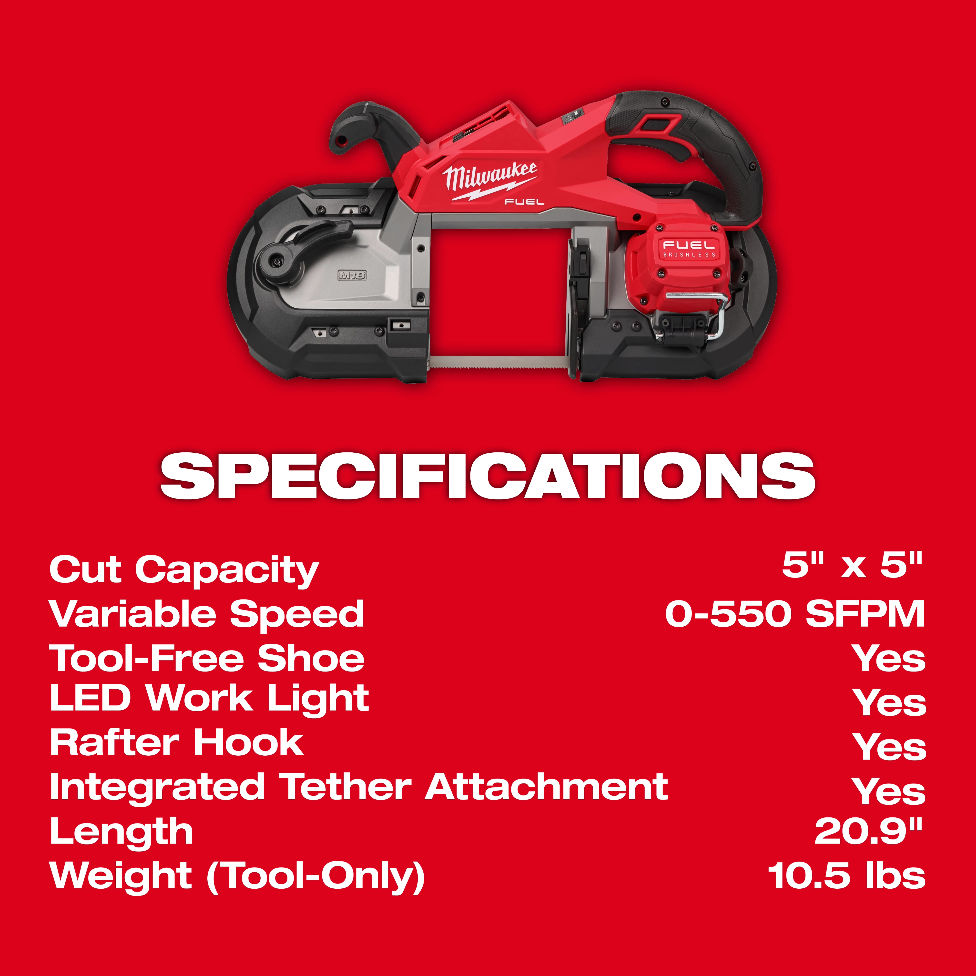 Image of the M18 FUEL Deep Cut Dual Trigger Band Saw w/ ONE-KEY with specifications: 5"x5" cut capacity, 0-550 SFPM speed, 10.5 lbs