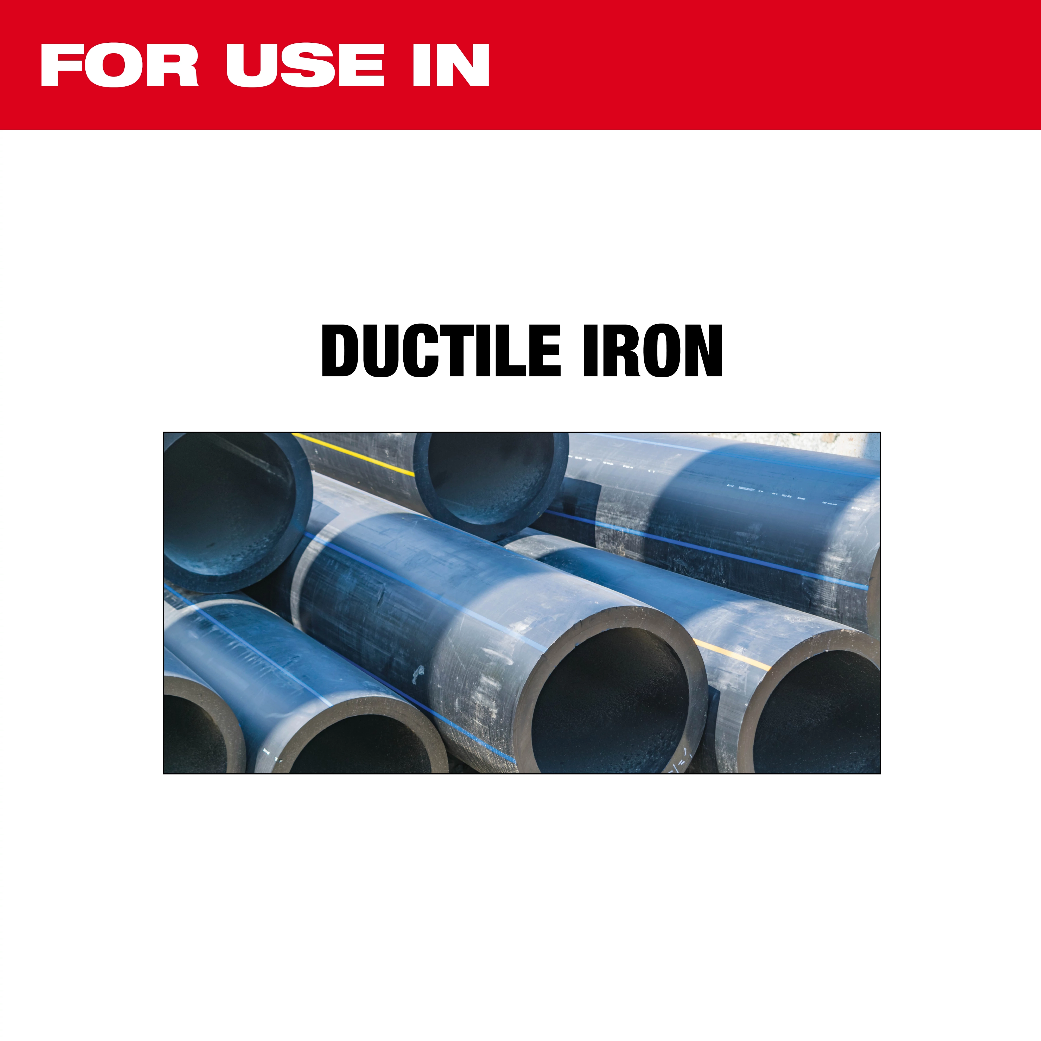 Image of several ductile iron pipes with the text "FOR USE IN DUCTILE IRON" displayed at the top. This image is likely associated with the Ductile Iron Segmented Diamond Blade, indicating its application.