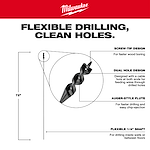 Walkaround image of the Milwaukee Flexible Cable Auger Bit highlighting its USPs with the text "flexible drilling, clean holes."