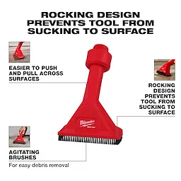 Image of AIR-TIP™ Rocking Utility Nozzle w/ Brushes, featuring labels explaining benefits: "Easier to push and pull across surfaces," "Agitating brushes for easy debris removal," and "Rocking design prevents tool from sucking to surface." The nozzle is red with "Milwaukee AIR-TIP" branding.