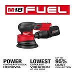 Milwaukee M18 FUEL cordless sander with text: "Power for Heavy Stock Removal, Lowest Cordless Vibration, Up to 95%