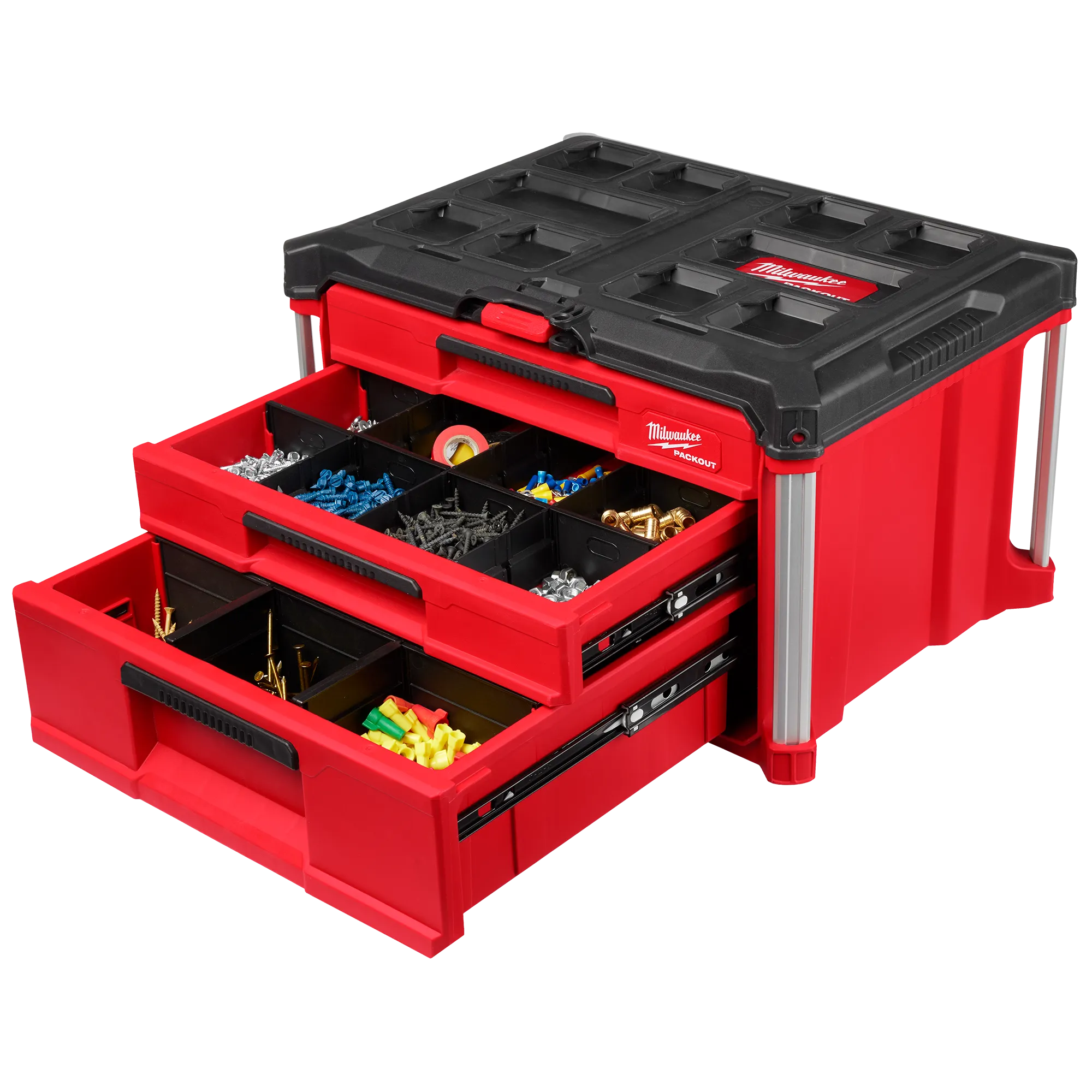 PACKOUT Multi-Depth 3-Drawer Tool Box with screws, tape, bolts, and more organized 