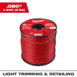 Red spool of Milwaukee .080-inch trimmer line, 940 feet long, 3 pounds, for light trimming and detailing.