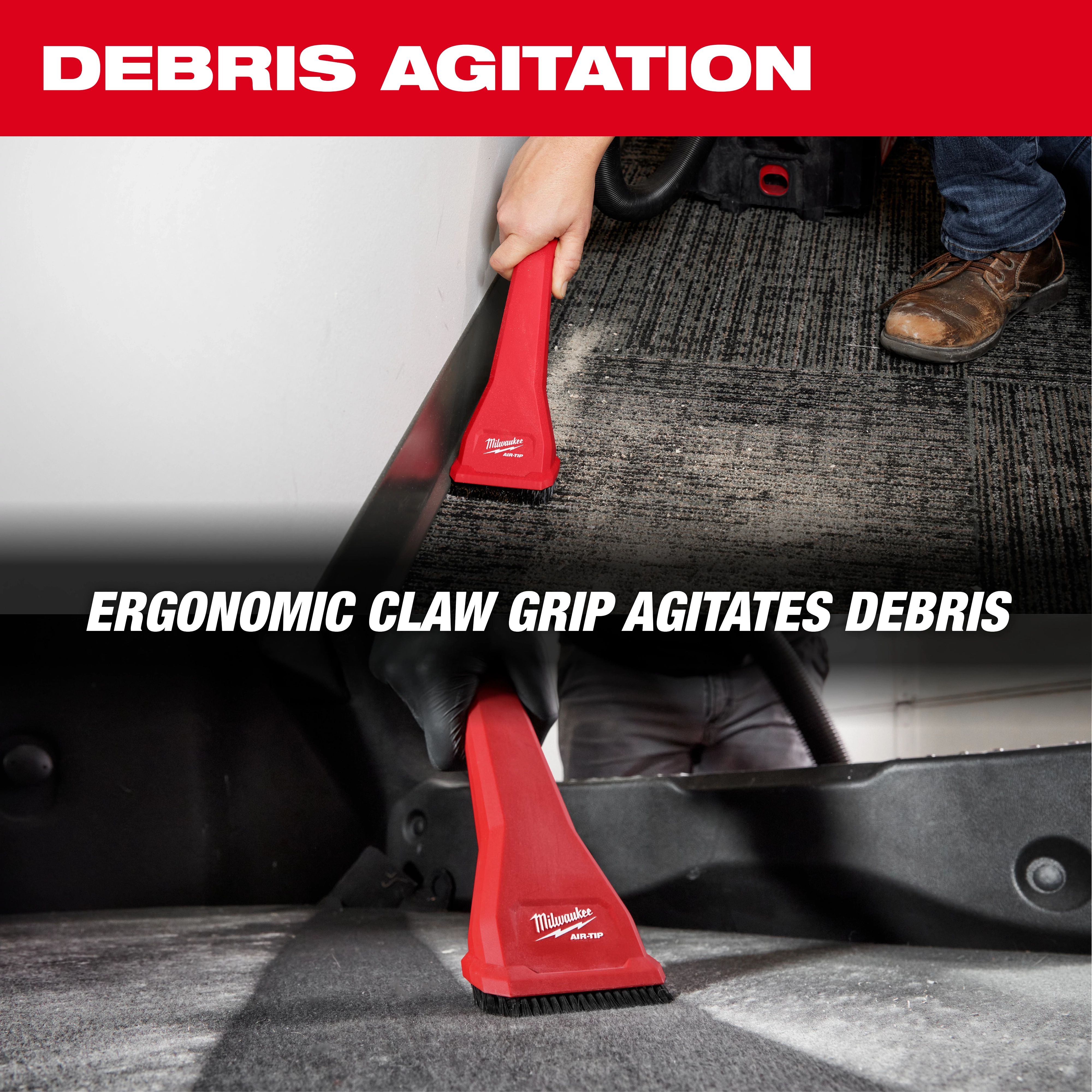 A red AIR-TIP™ Claw Utility Nozzle with Brushes is being used to clean debris from a carpet. Text on the image reads "DEBRIS AGITATION" at the top and "ERGONOMIC CLAW GRIP AGITATES DEBRIS" in the middle. An individual is shown using the tool.