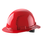 Red construction hard hat with a brim and adjustable strap.