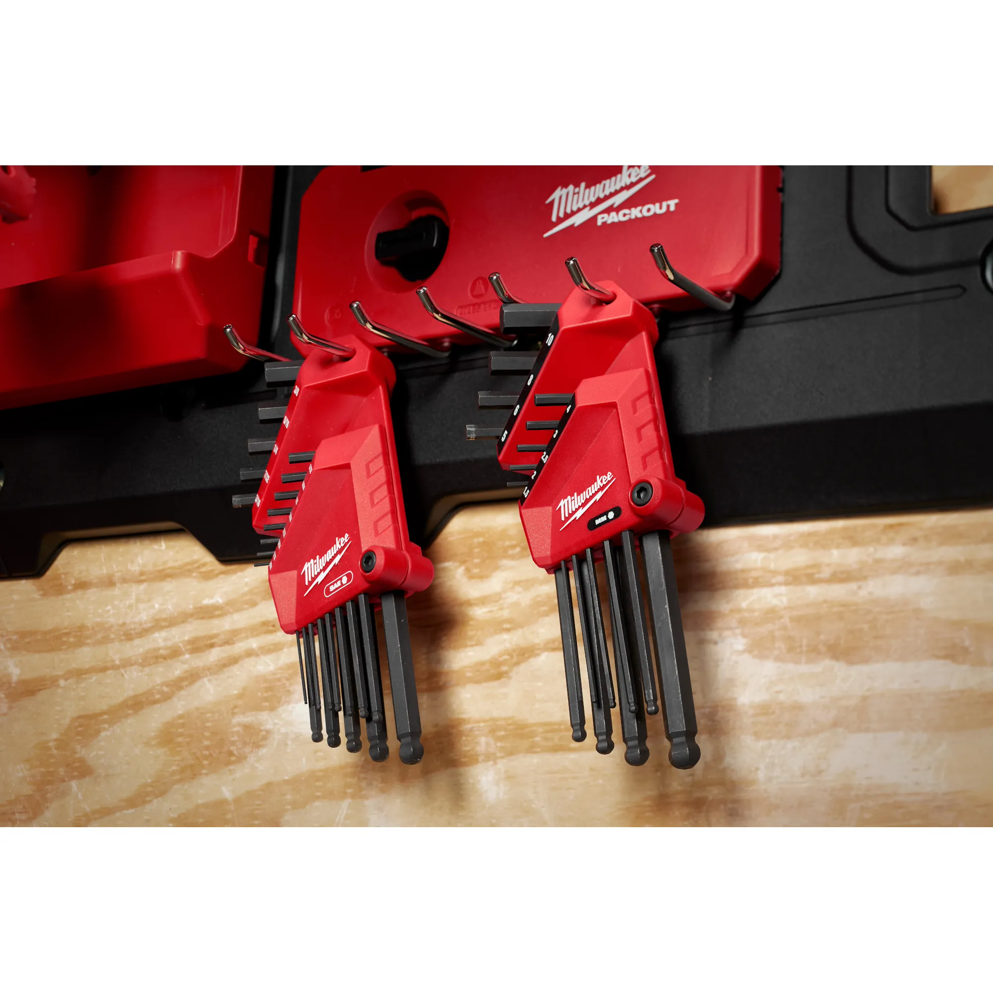 Image of the Milwaukee SAE/Metric 22-Key Ball End L-Key Set hanging on a PACKOUT wall plate