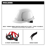 The image shows the BOLT™ White Front Brim Vented Hard Hat w/6pt Ratcheting Suspension (USA) - Type 1, Class C. The top part displays the hard hat, while the bottom part showcases its components: a 6-point suspension and a sweatband. The text indicates the hard hat is available in additional colors/styles.