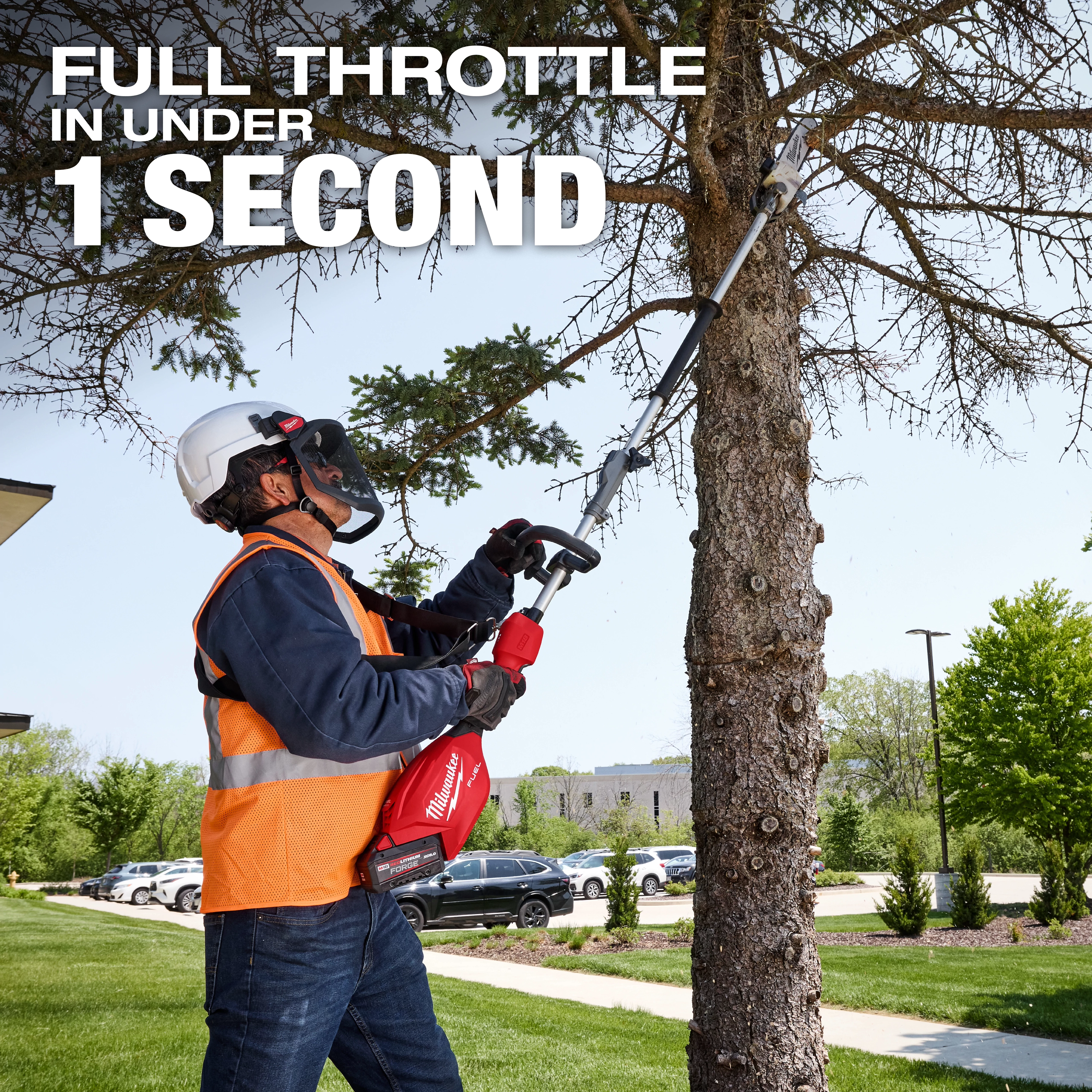 A person wearing safety gear uses an M18 FUEL™ Pole Saw w/ QUIK-LOK™ Kit to trim branches on a tree. The individual is standing on the ground and extending the pole saw to reach high branches. Text on the image reads, "FULL THROTTLE IN UNDER 1 SECOND." The background features a grassy area with trees, a sidewalk, and parked cars.