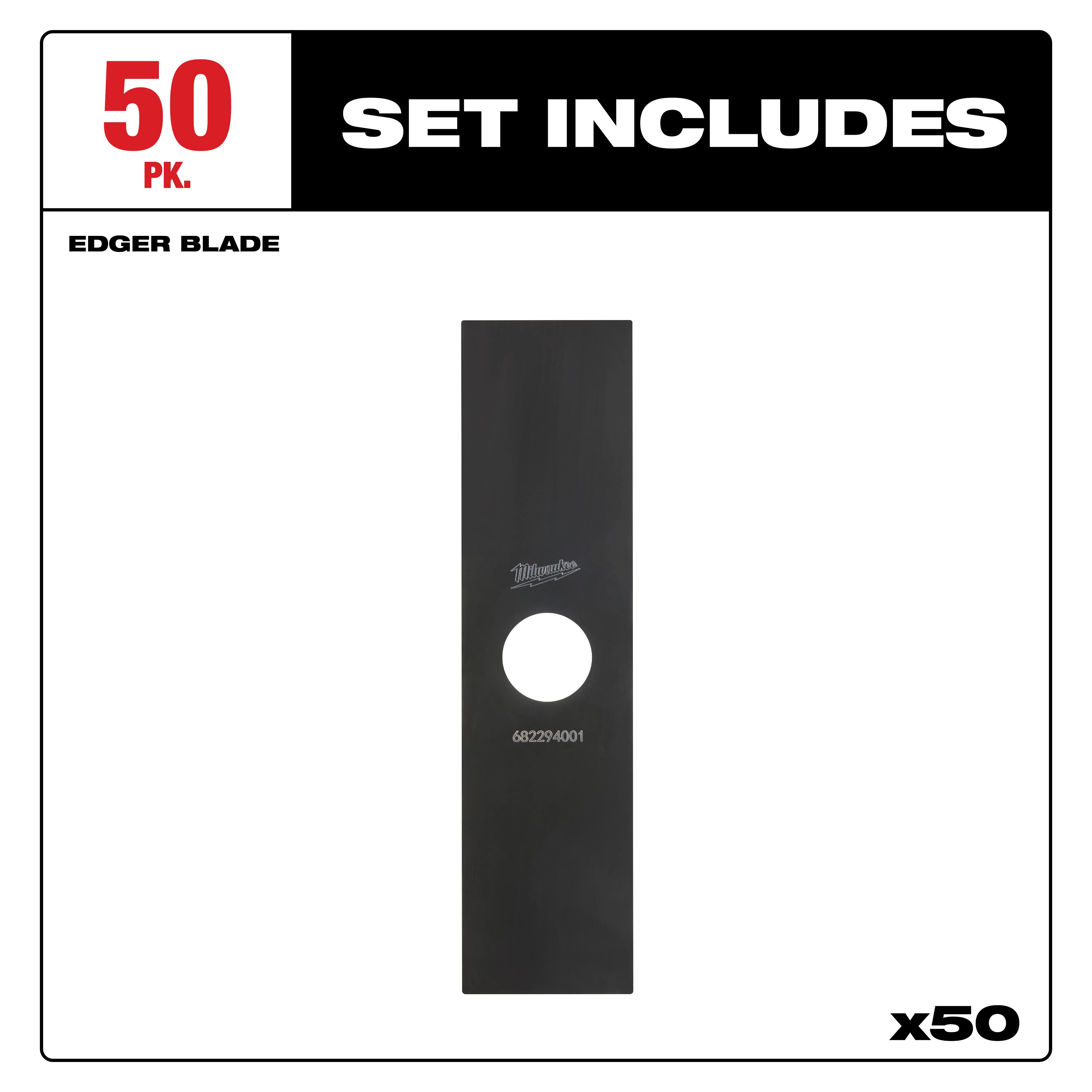 "Package of 50 edger blades with a center hole for attachment, labeled with product number 682294001."