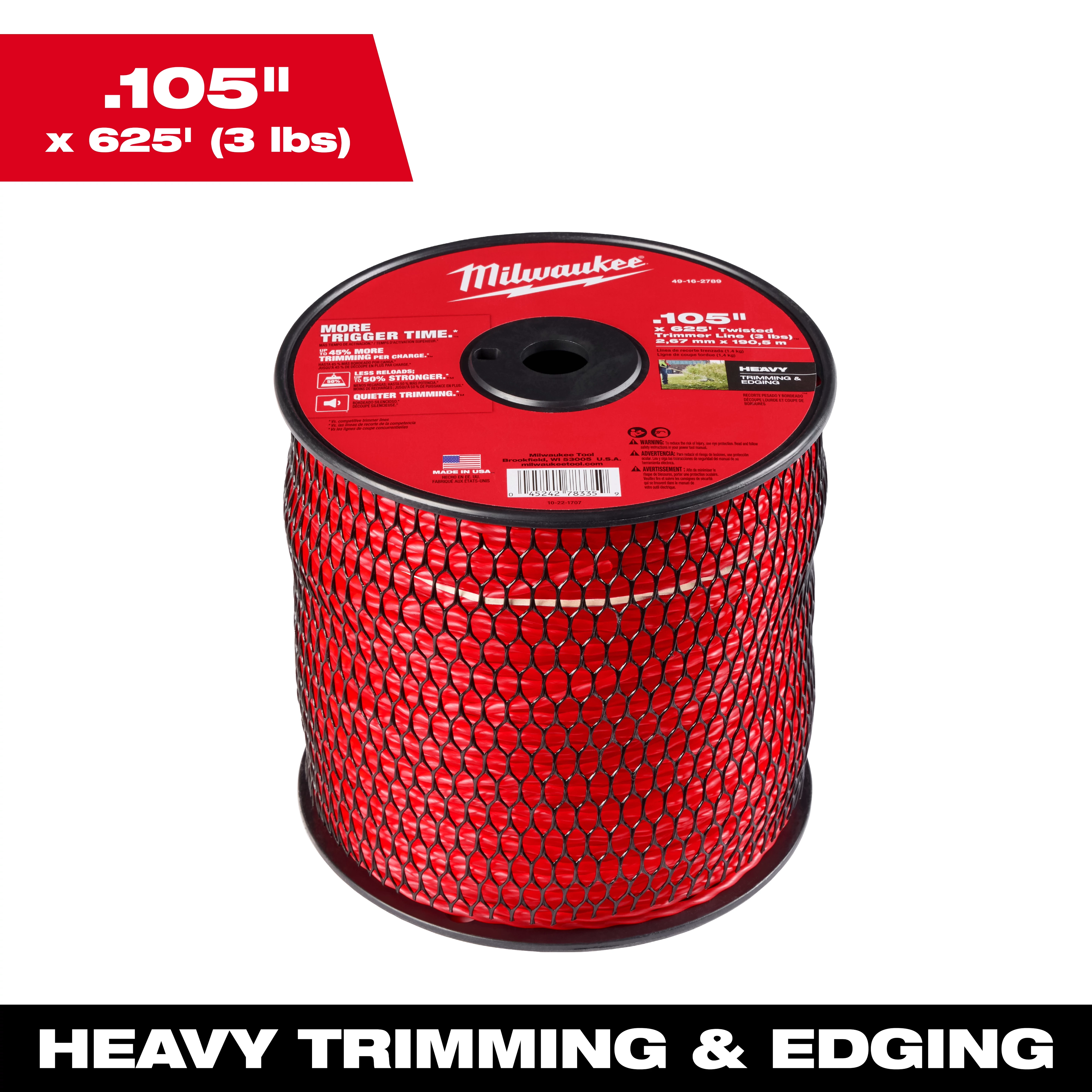 Spool of Milwaukee .105" red trimmer line, 625' long, weighing 3 lbs, labeled for heavy trimming and edging.