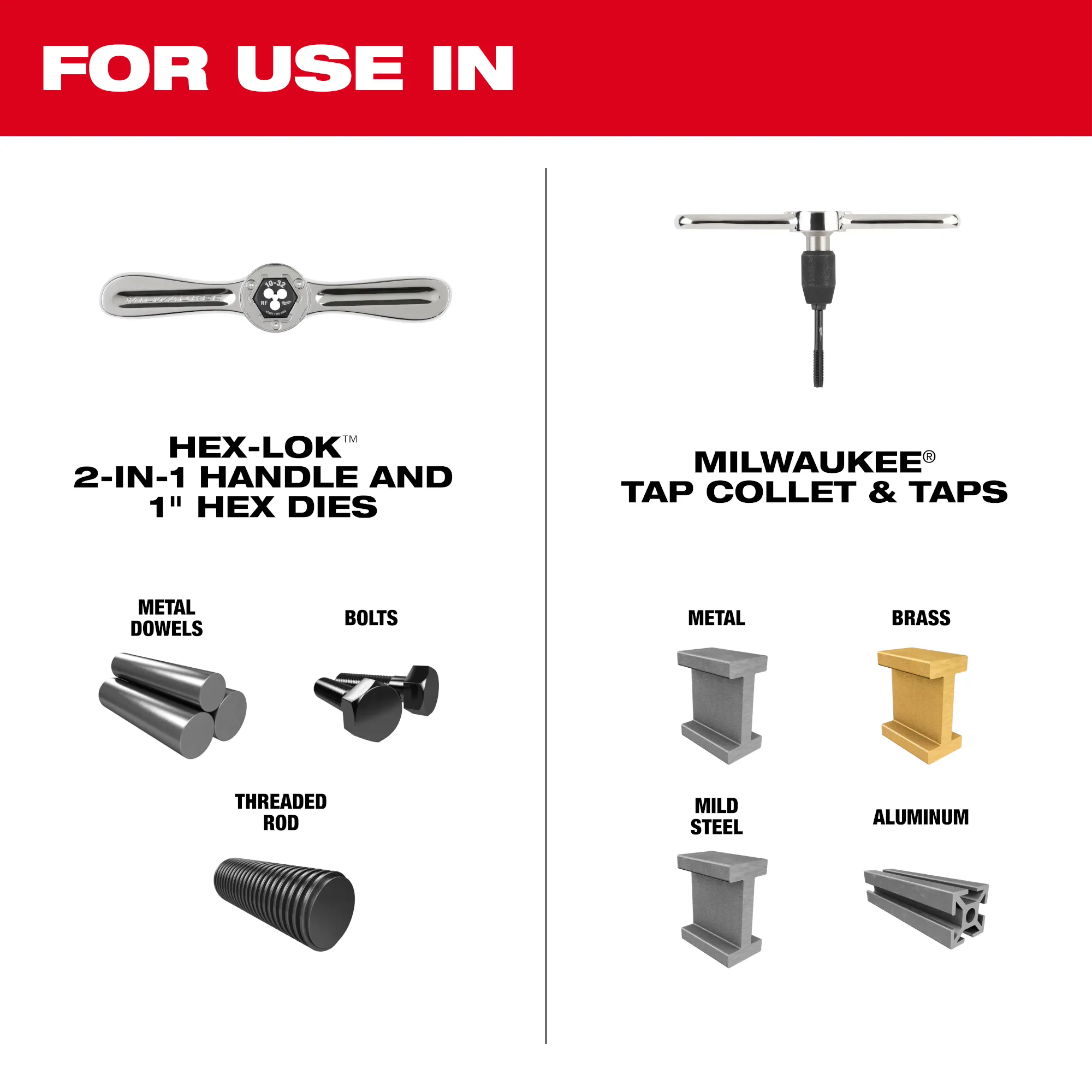 For use in HEX-LOK 2-in-1 handle and hex dies and tap collet & taps