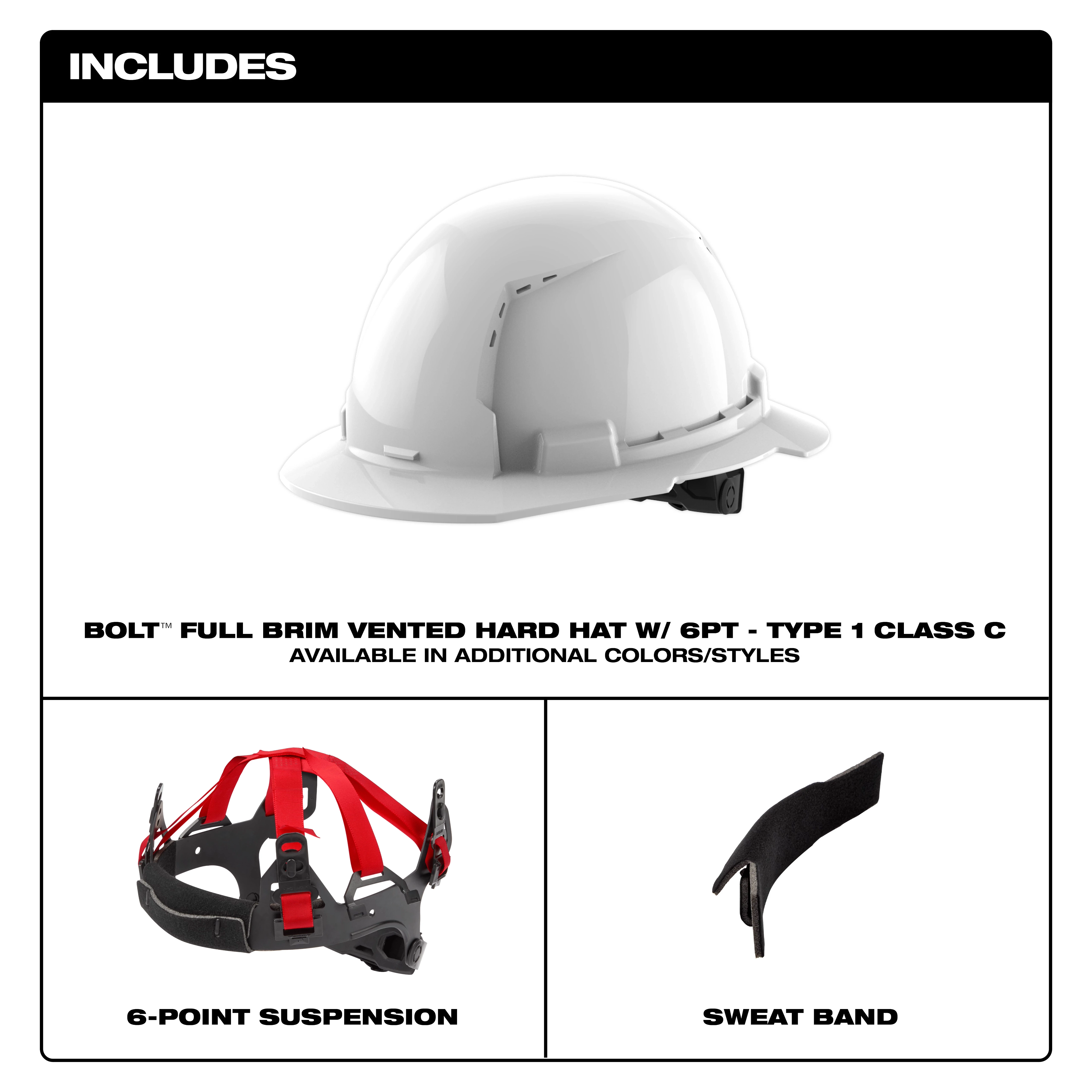 The image shows a BOLT™ White Full Brim Vented Hard Hat with 6-point Ratcheting Suspension (USA) - Type 1, Class C. The top section features the hard hat, while the bottom section includes images of the 6-point suspension and a sweatband.