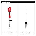 The image shows the components of the M18 FUEL™ Pole Saw w/ QUIK-LOK™ system. On the left is the M18 FUEL™ Power Head w/ QUIK-LOK™, featuring a red and black design. On the right is the M18 FUEL™ QUIK-LOK™ 10" Pole Saw Attachment, which includes a long pole with a saw blade at the end. The word "INCLUDES" is written at the top of the image.