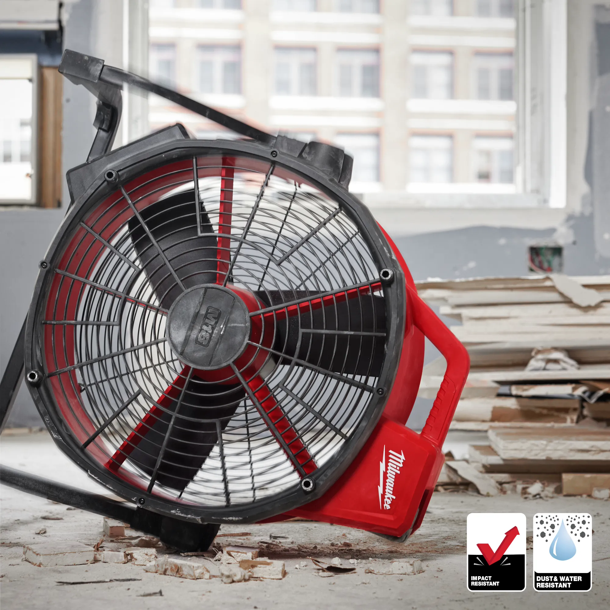 The jobsite fan is dust, water, and impact resistant