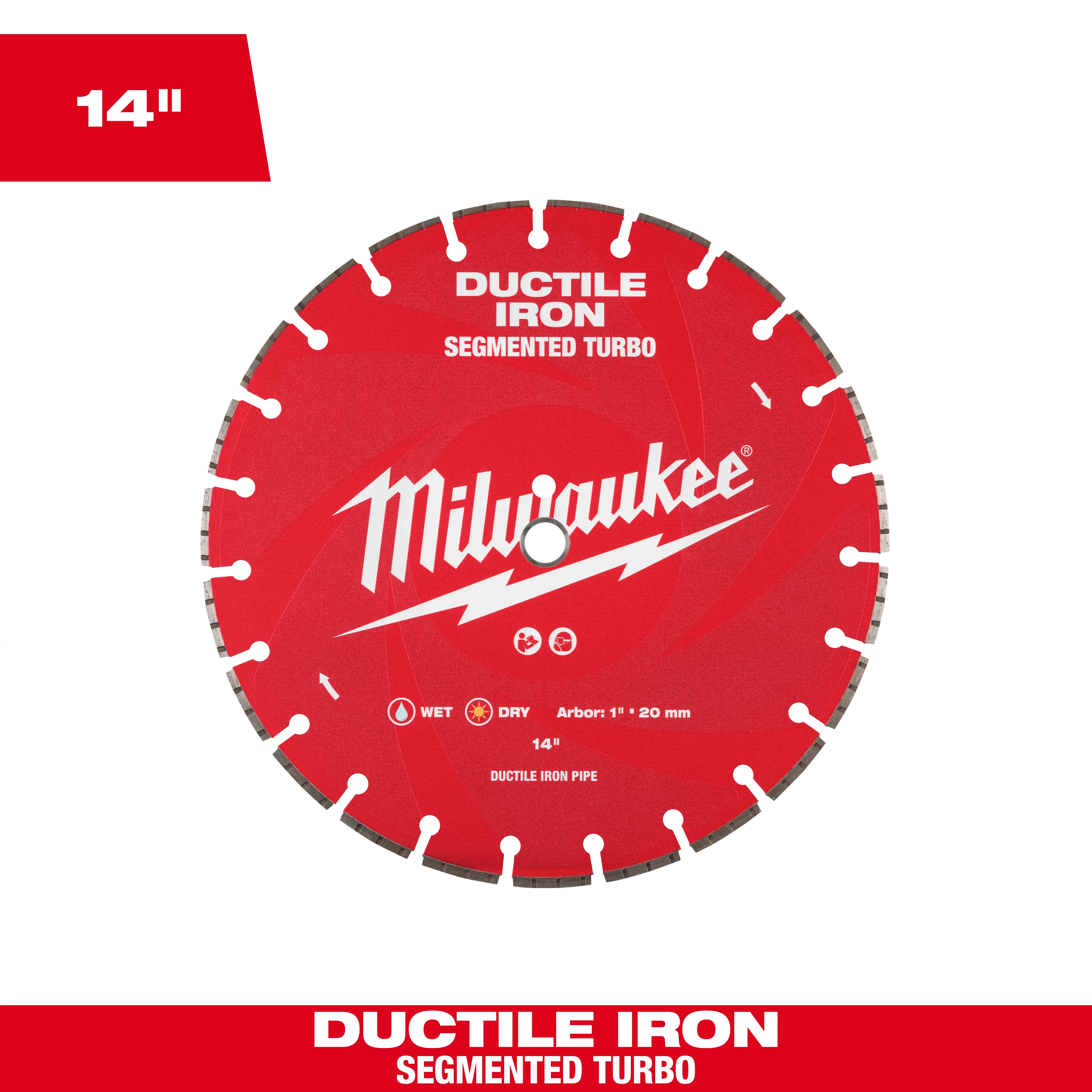 A red 14" Ductile Iron Segmented Diamond Blade with the Milwaukee logo and text indicating its use for ductile iron pipe. The blade has evenly spaced segments and is labeled for wet or dry cutting, with a 1" to 20 mm arbor size.