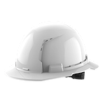 White construction hard hat with ventilation slots and adjustable strap.