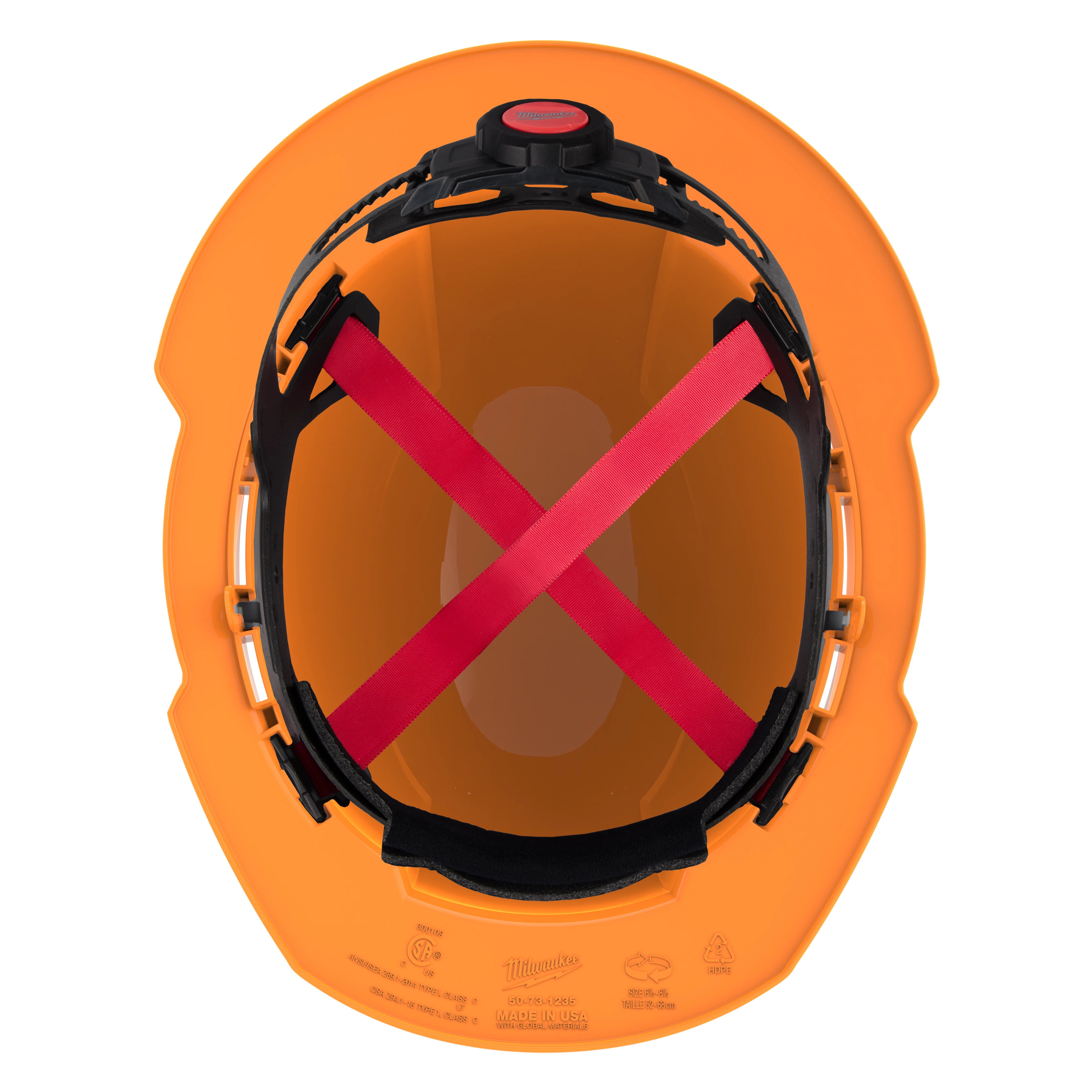 Top view of an orange hard hat showing interior padding and red suspension straps.