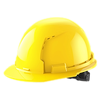 Yellow construction hard hat with a reflective surface and adjustable strap.