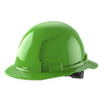 Green construction hard hat with a glossy finish and a brim, shown from a side angle.