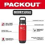 Walkaround image of the Milwaukee PACKOUT 24oz Insulated Bottle with Chug Lid in red highlighting its USPs