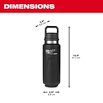 Image of the Milwaukee PACKOUT 36oz Insulated Bottle with Chug Lid in black and its dimensions