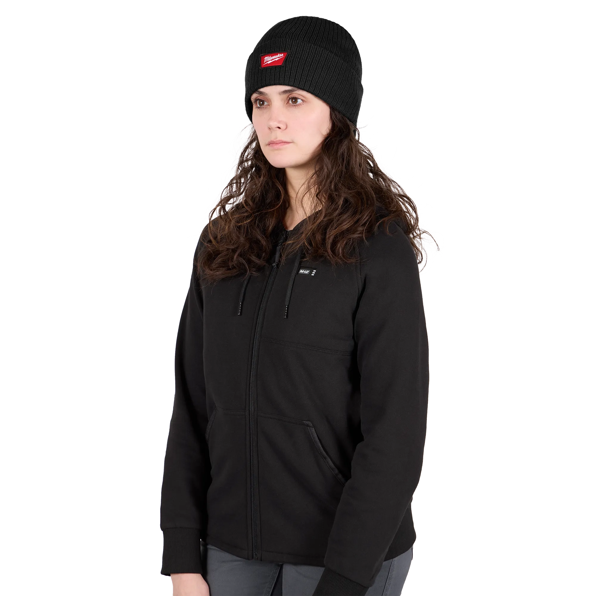 Image of a woman wearing the Milwaukee Rib-Knit Cuffed Beanie in black