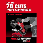 Illustration of a power tool with text: "Up to 78 cuts per charge. REDLITHIUM XC5.0."