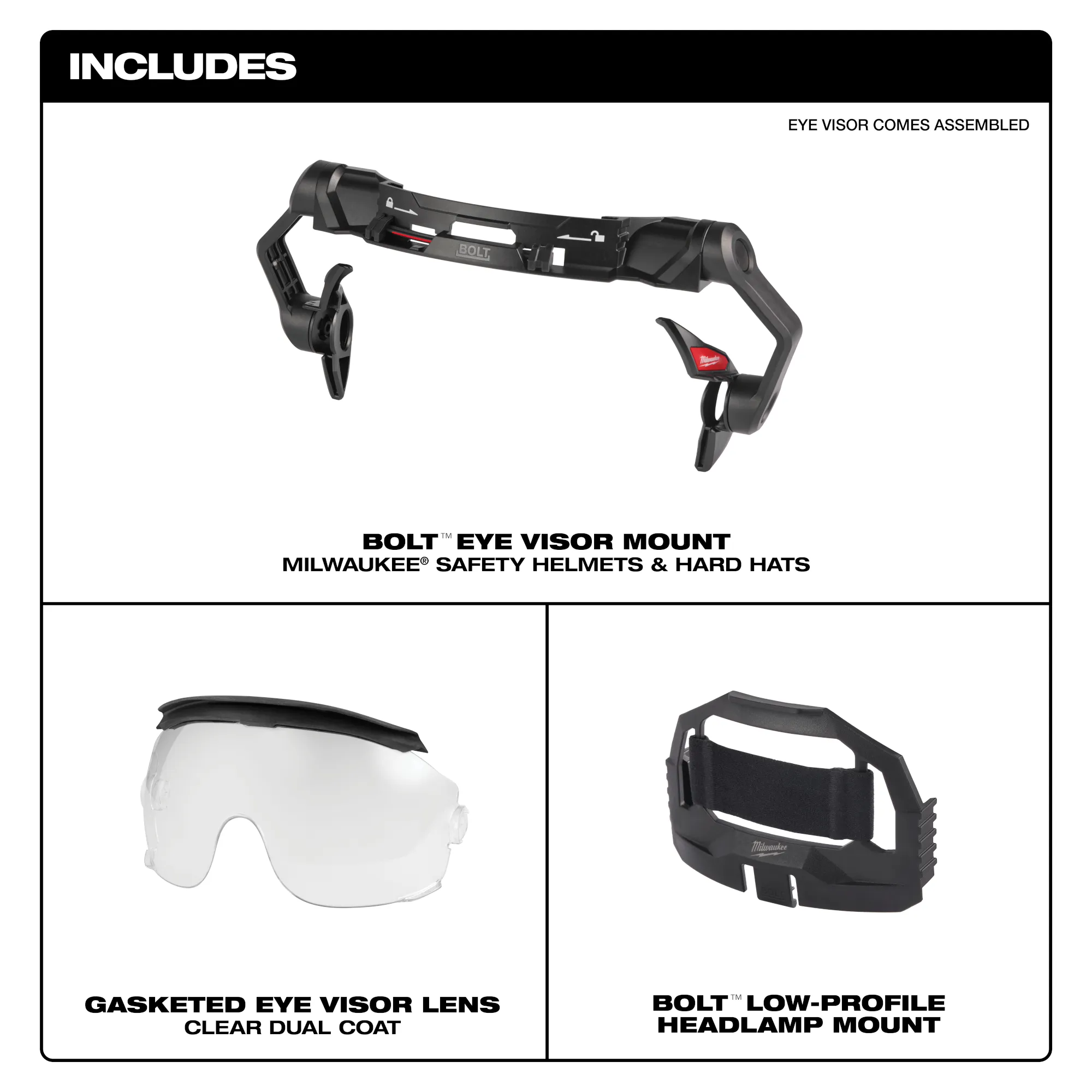 Includes image of the Milwaukee BOLT Clear Dual Coat Lens Gasketed Eye Visor