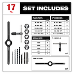 Includes plug taps, 1" hex dies, drill bits, T-handle, and die stock