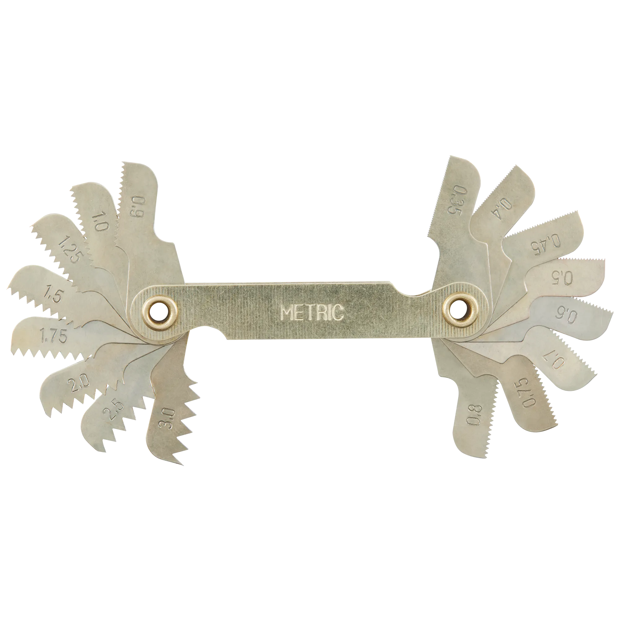  0.35-3.00 mm Metric Thread Pitch Gauge with all 16 leaves shown