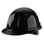 Black construction helmet with a glossy finish, viewed from the side.