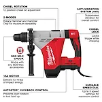 Milwaukee rotary hammer with anti-vibration system, chisel rotation, chisel lock, SDS Max chuck, 15A motor, and variable speed