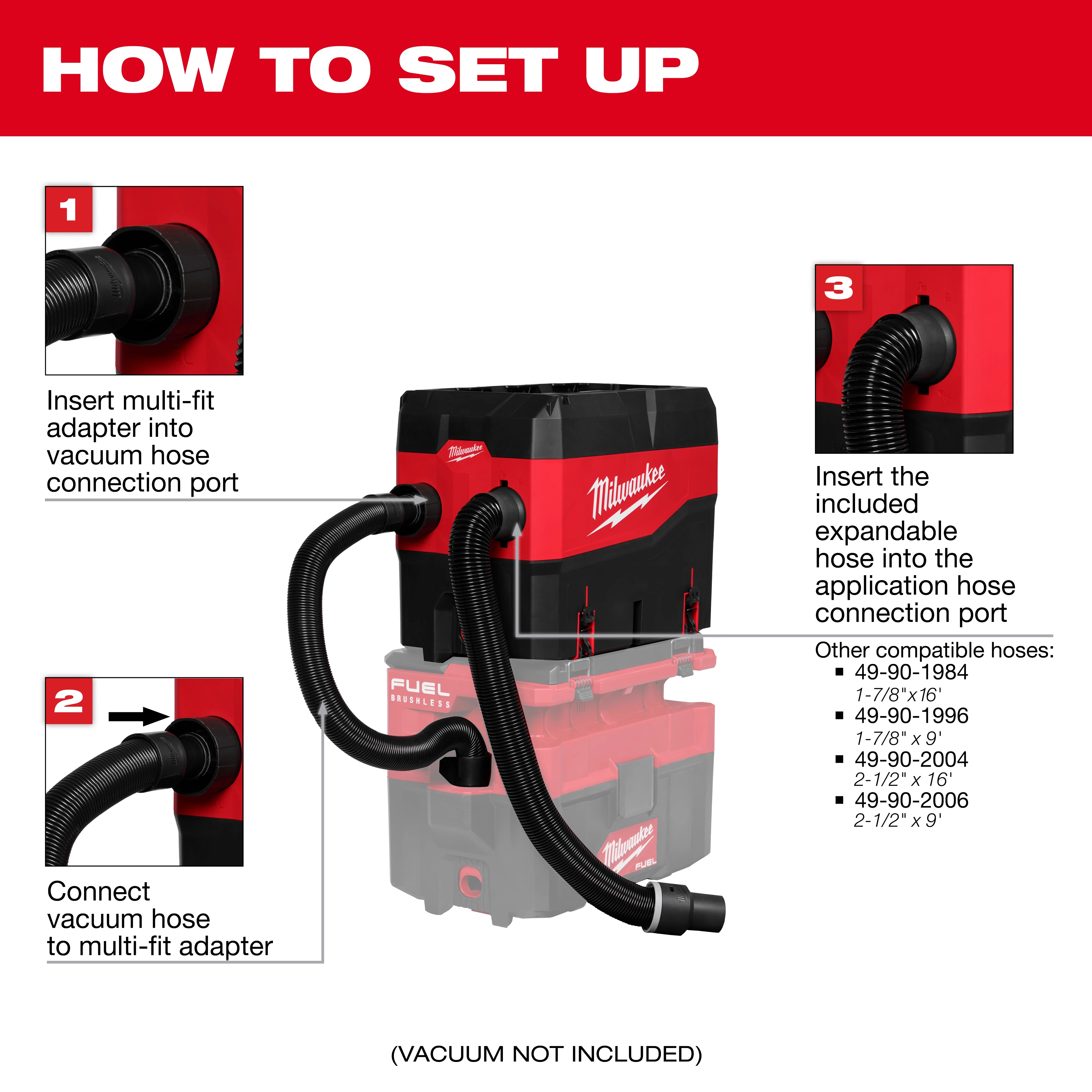 Instructional graphic showing how to set up the PACKOUT™ Compact Debris Separator. Steps guide to insert the multi-fit adapter into the vacuum hose connection port, connect the vacuum hose, and insert the expandable hose into the application hose connection port. Compatible hose details are included. Note: Vacuum not included.