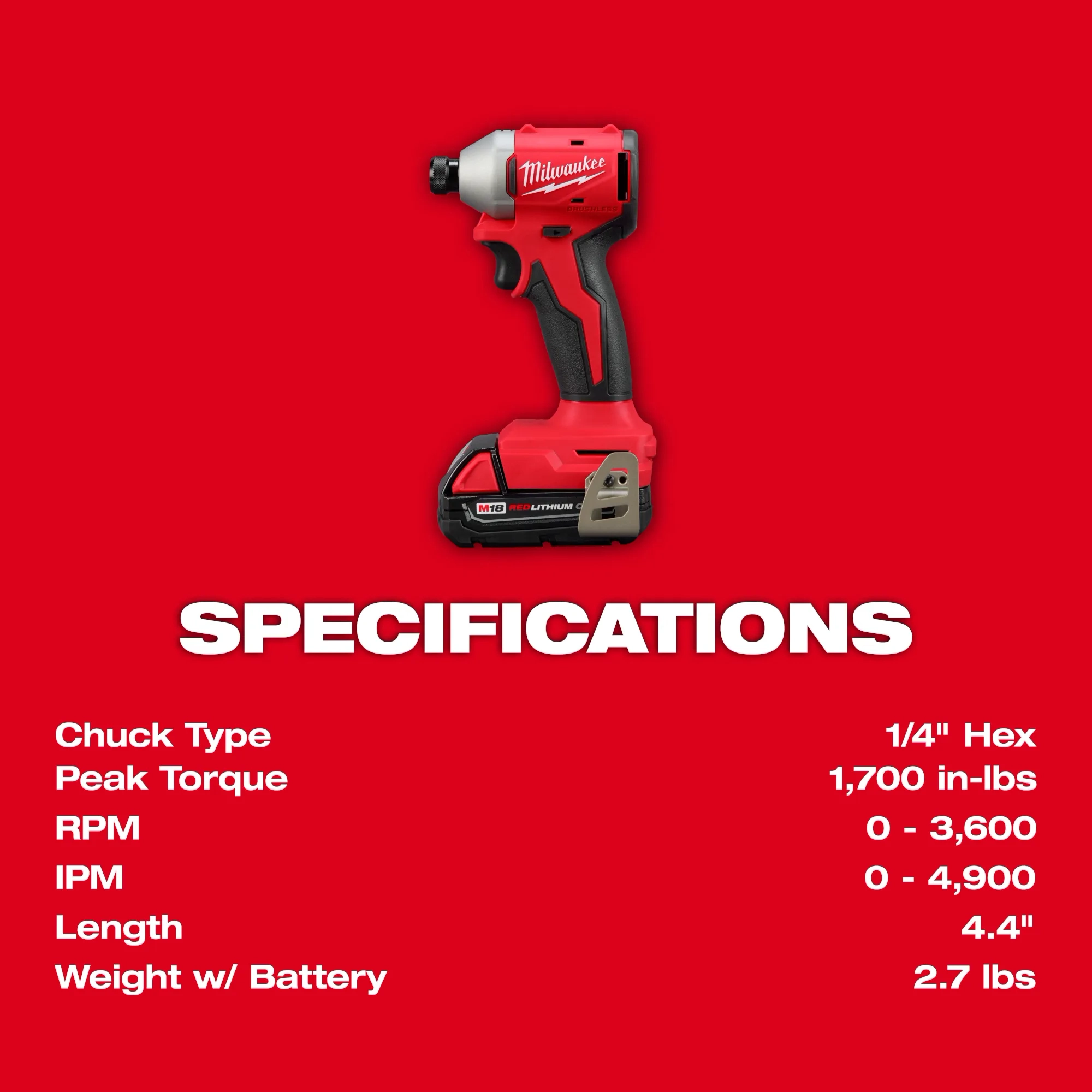 M18 Compact Brushless 1/4" Hex Impact Driver specifications