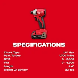 M18 Compact Brushless 1/4" Hex Impact Driver specifications