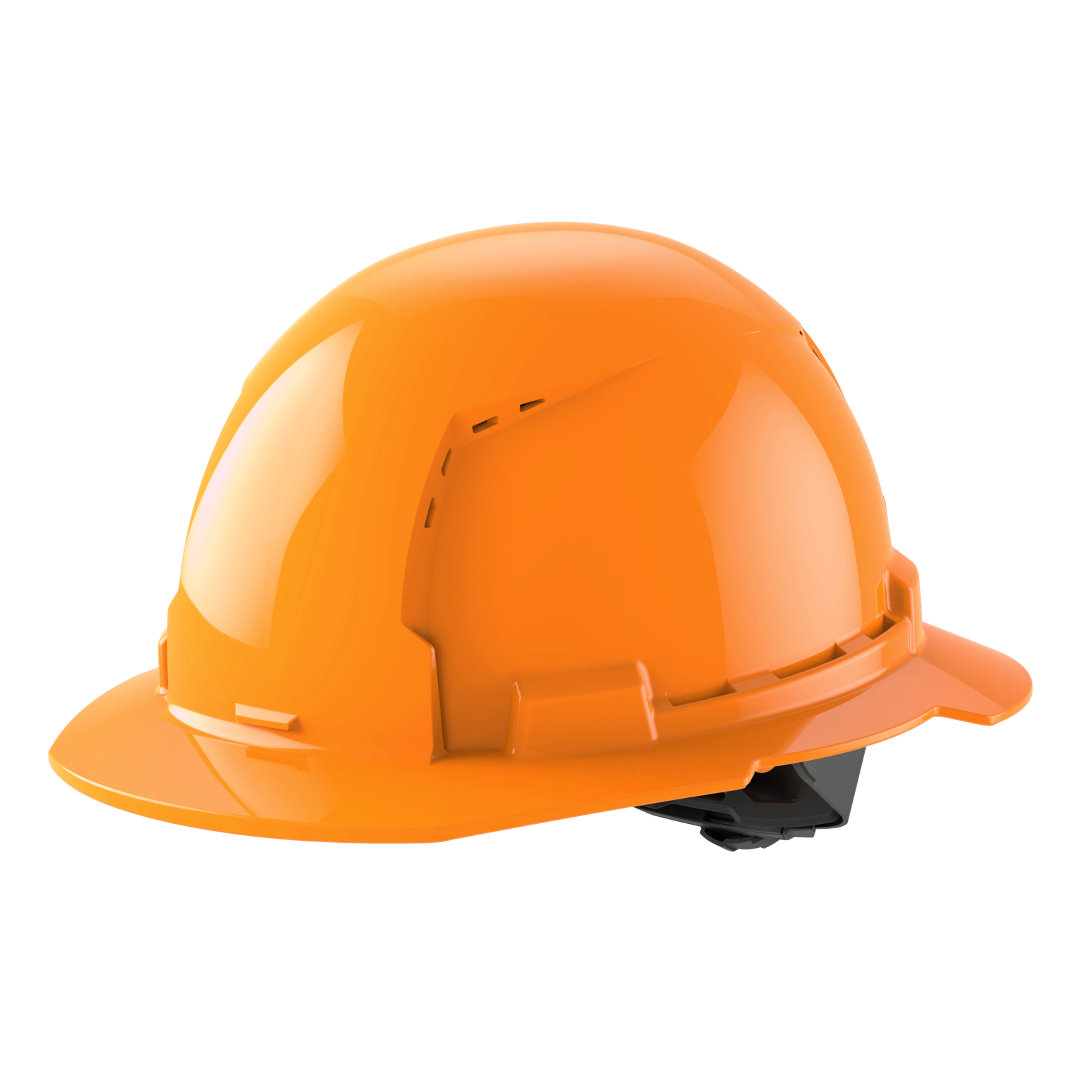 Orange safety helmet with a brim, used for construction or industrial protection.