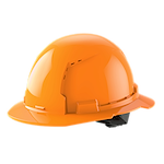 Orange safety helmet with a brim, used for construction or industrial protection.