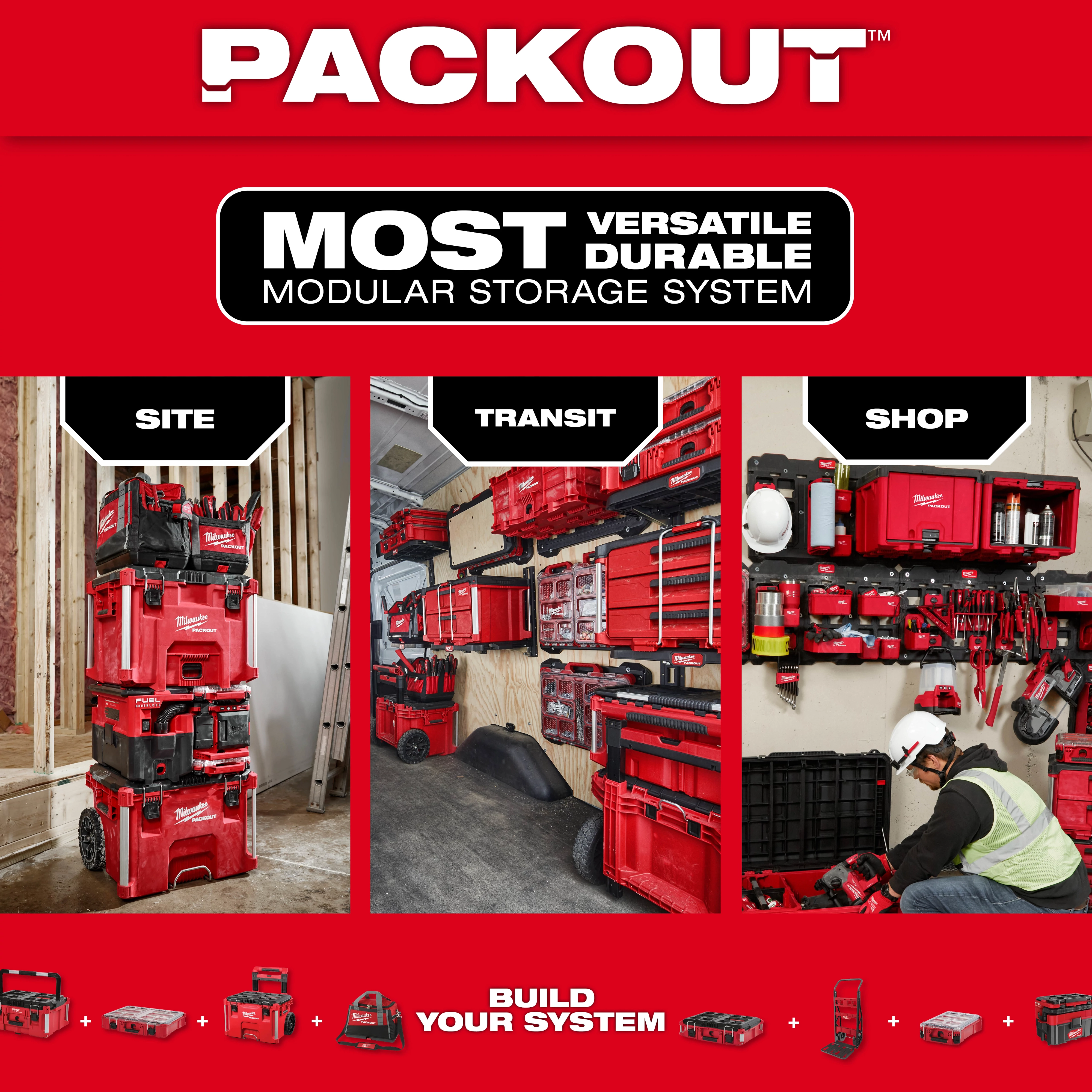 Image of the PACKOUT Rolling Tool Box being used in various settings with the text "PACKOUT - Most Versatile, Durable Modular Storage System"