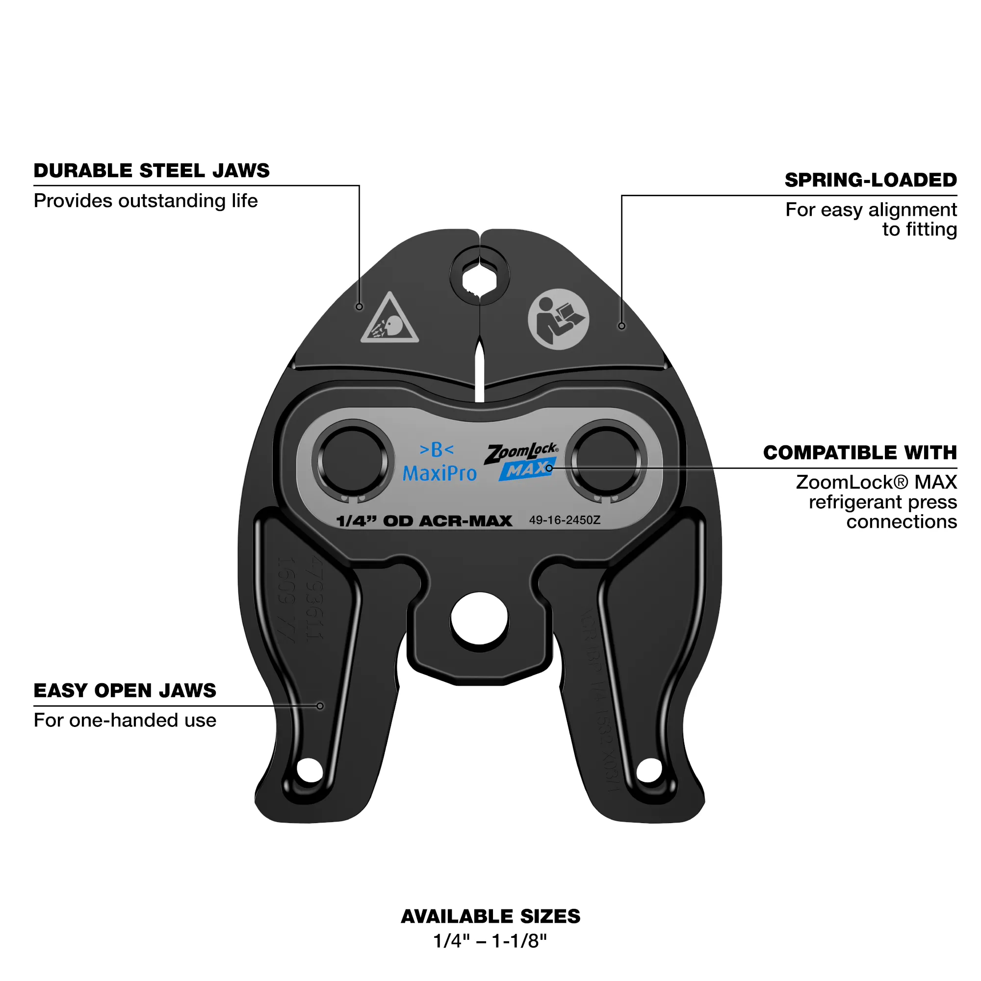 Walkaround image of the Milwaukee M12 ZoomLock MAX Press Jaw highlighting its USPs