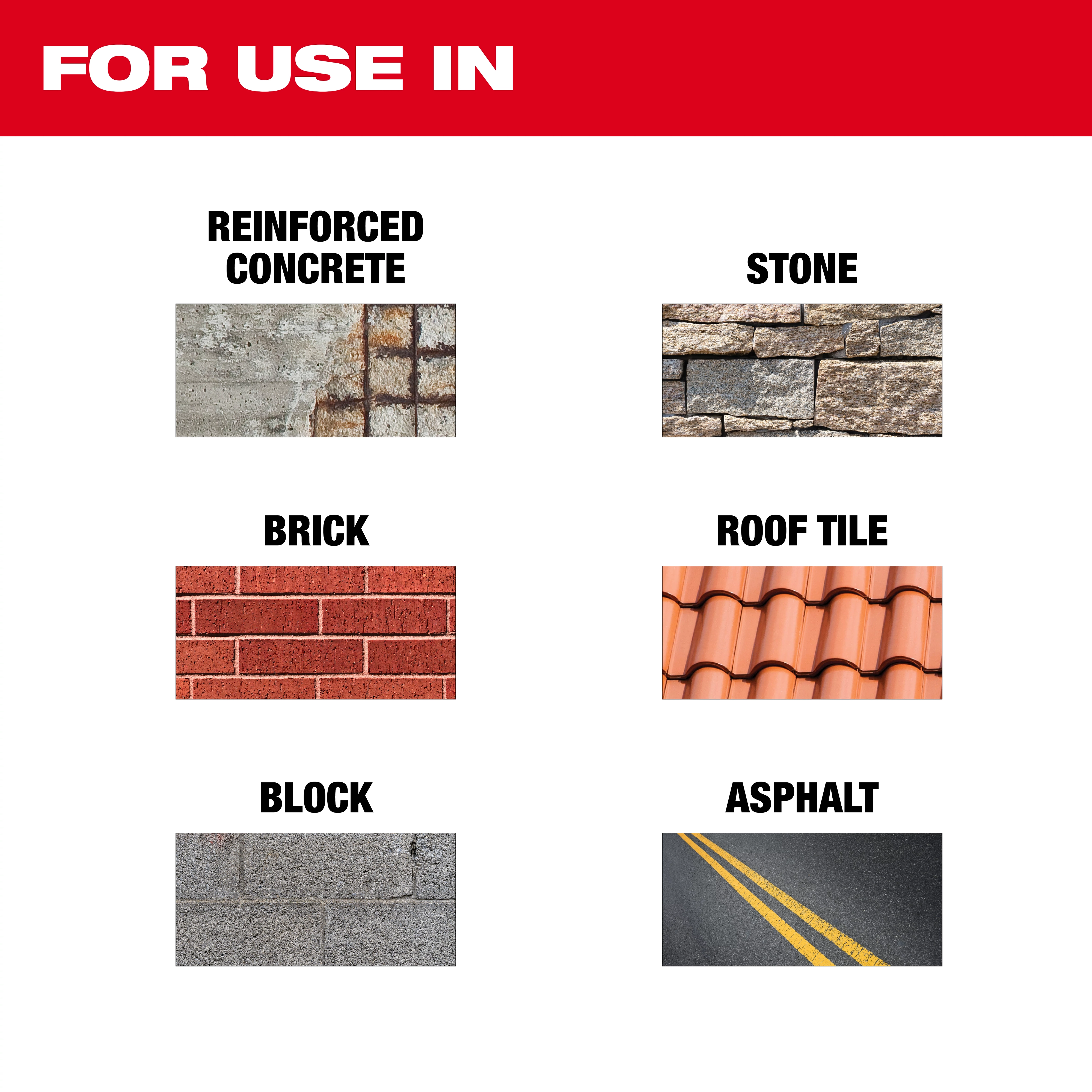 Image showing various materials that can be cut using the DIAMOND MAX™ All-Purpose Segmented Turbo Diamond Blade. The materials include reinforced concrete, stone, brick, roof tile, block, and asphalt. Text reads "FOR USE IN" at the top in red and white.