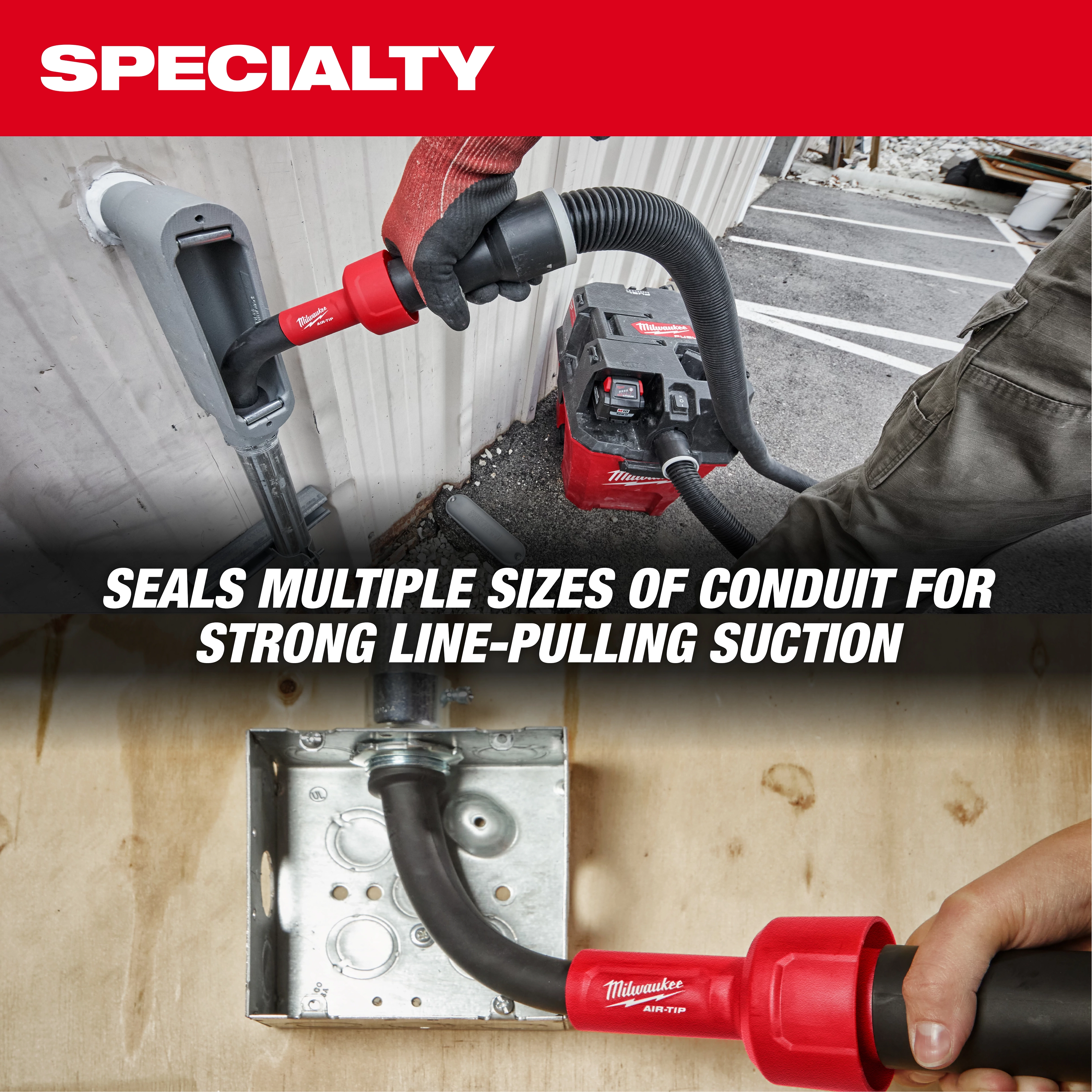 The image shows the AIR-TIP™ Conduit Line Puller Kit being used to seal conduits of various sizes for strong line-pulling suction. A person is applying the tool to a conduit connected to a vacuum unit. The text reads, "SEALS MULTIPLE SIZES OF CONDUIT FOR STRONG LINE-PULLING SUCTION."