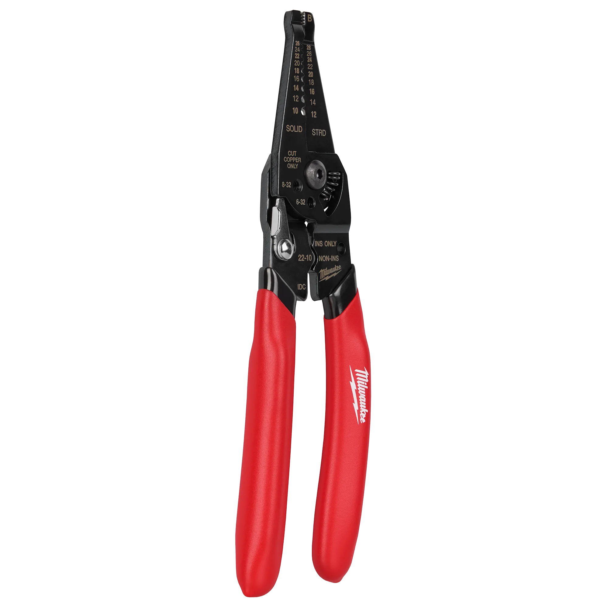 Angle view of the 10-28 AWG Multi-Purpose Dipped Grip Wire Stripper & Cutter with Reinforced Head