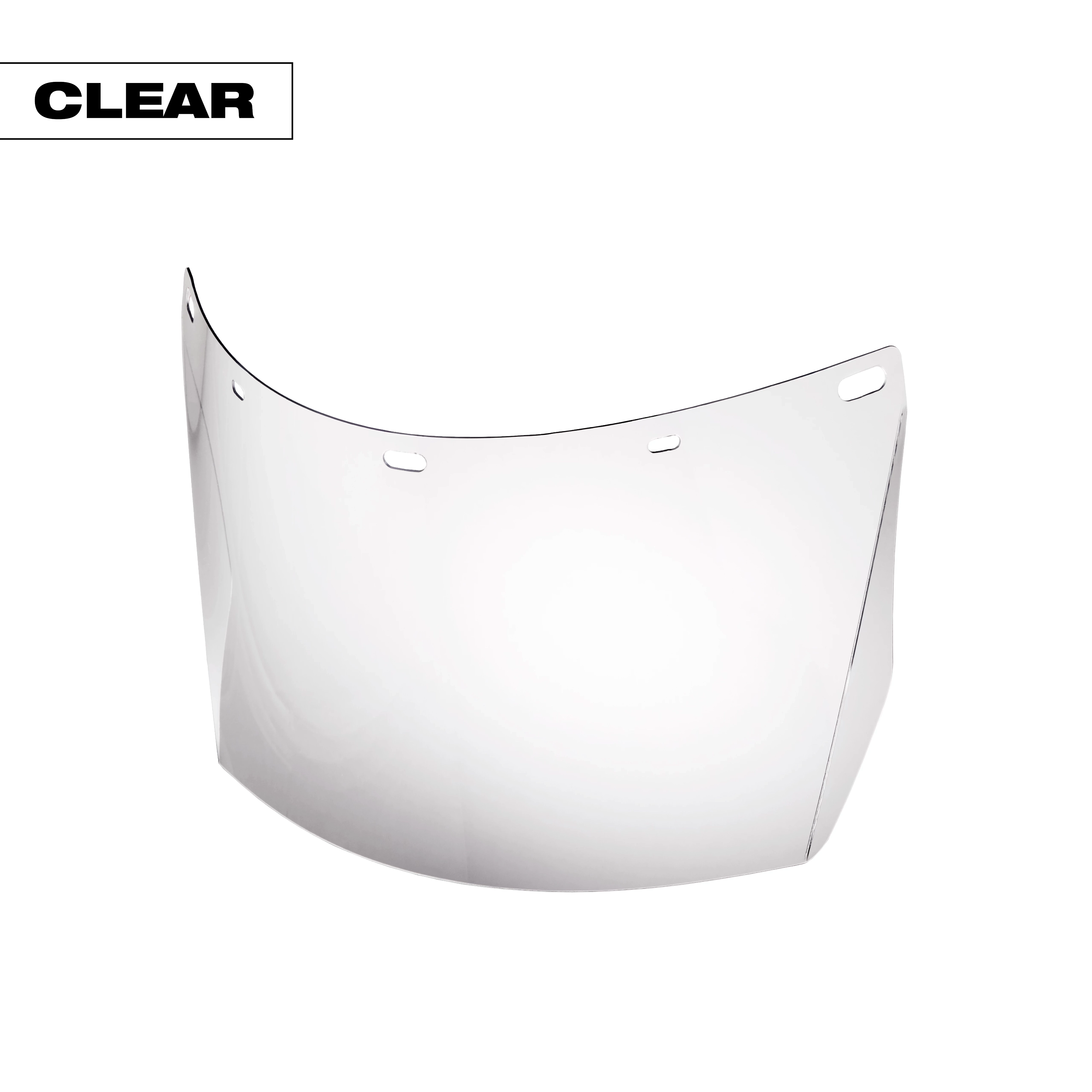 Clear, curved plastic face shield with ventilation slots along the top edge. Labeled "CLEAR" in the top left corner.