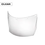 Clear, curved plastic face shield with ventilation slots along the top edge. Labeled "CLEAR" in the top left corner.