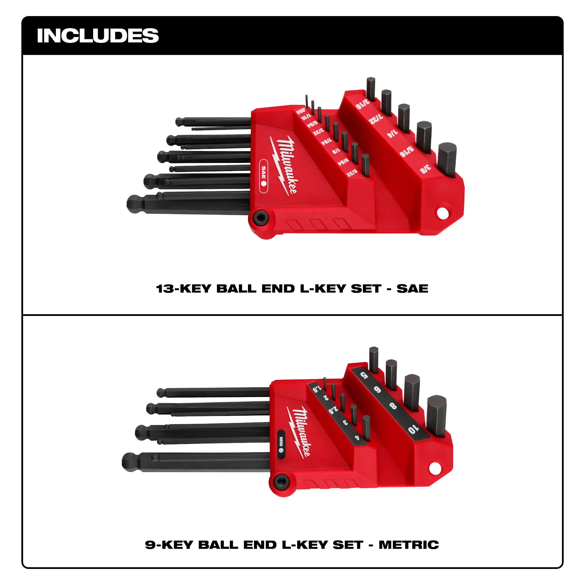 Includes image of the Milwaukee SAE/Metric 22-Key Ball End L-Key Set with Hex/Metric & SAE