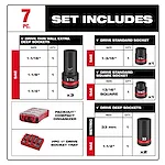 7 Piece Set Includes 1" Drive Thin Wall Extra Deep Sockets, 1" Drive Standard Socket, 1" Drive Square Socket, 1" Drive Deep Sockets, and PACKOUT Organizer